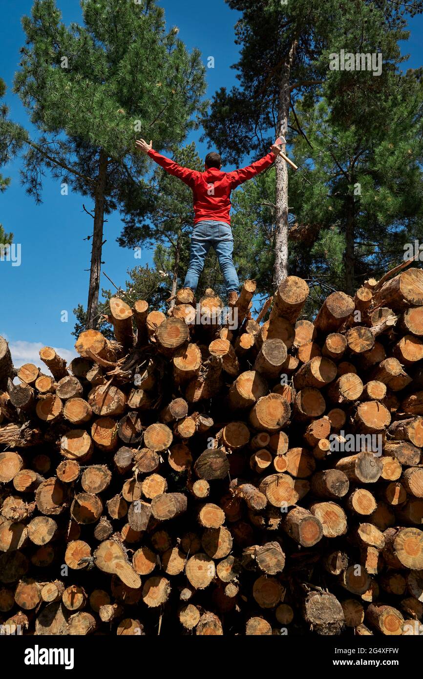 Man with arms outstretched standing on logs at lumber industry Stock Photo
