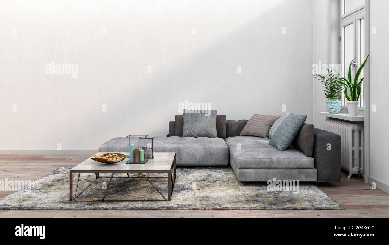 Modern living room interior with white wall Stock Photo