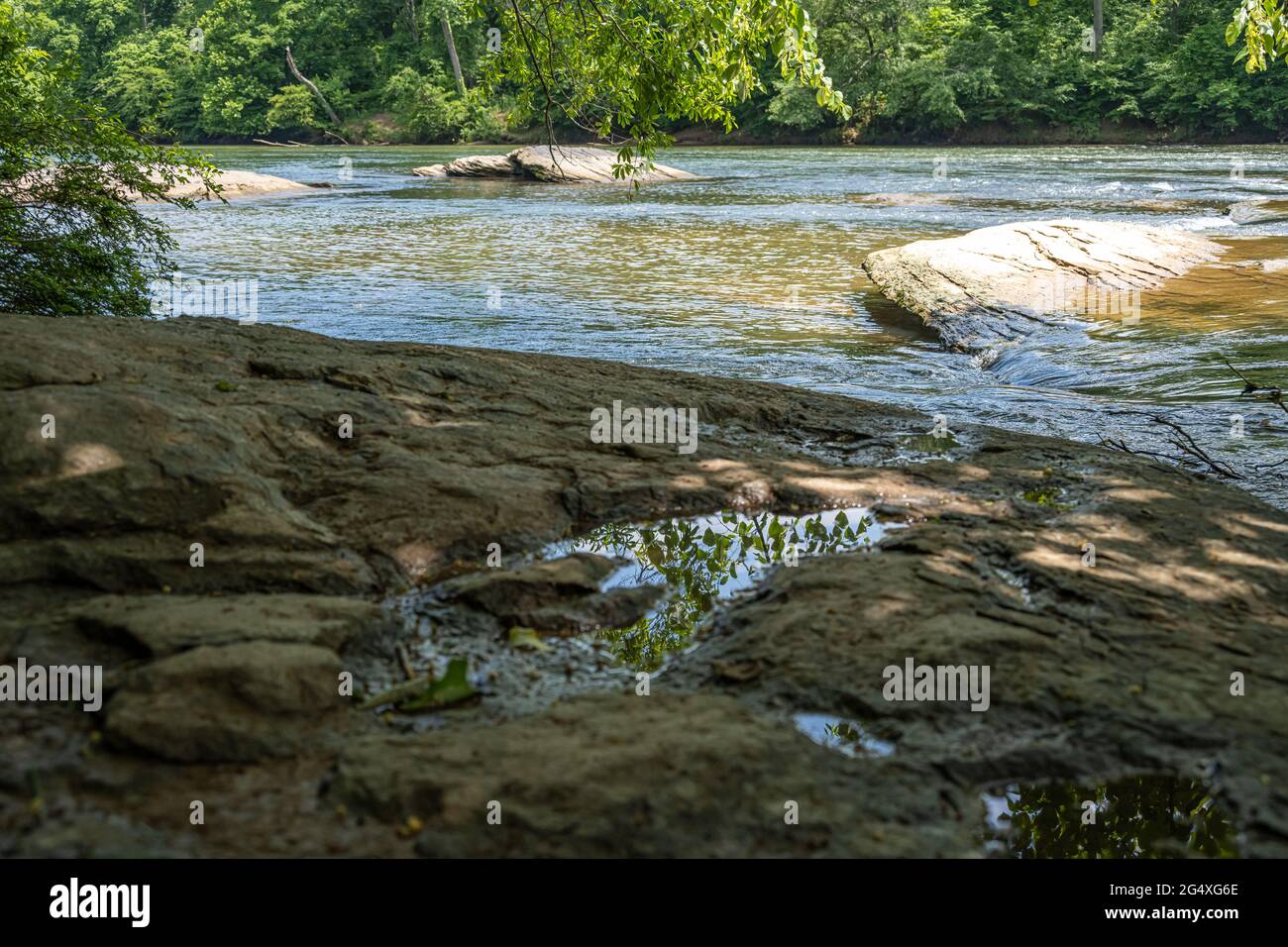 Beautiful Chattahoochee River at Island Ford Park in the Chattahoochee River National Recreation Area at Sandy Springs, across from Roswell, Georgia. Stock Photo
