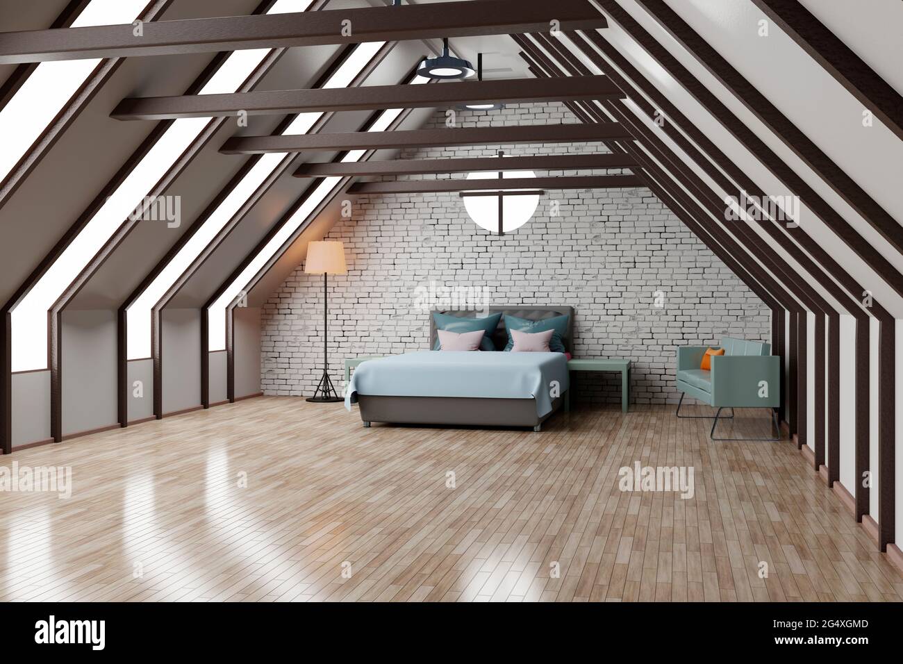 Three dimensional render of attic bedroom with shiny wooden floor Stock Photo