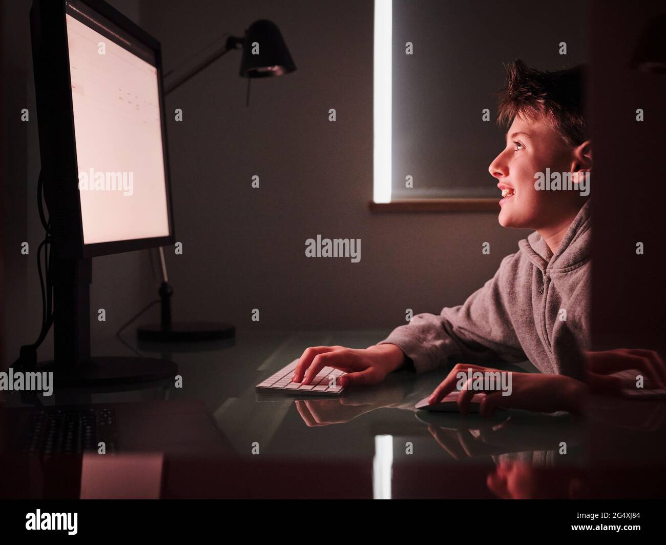 Smiling boy using computer while studying at home Stock Photo