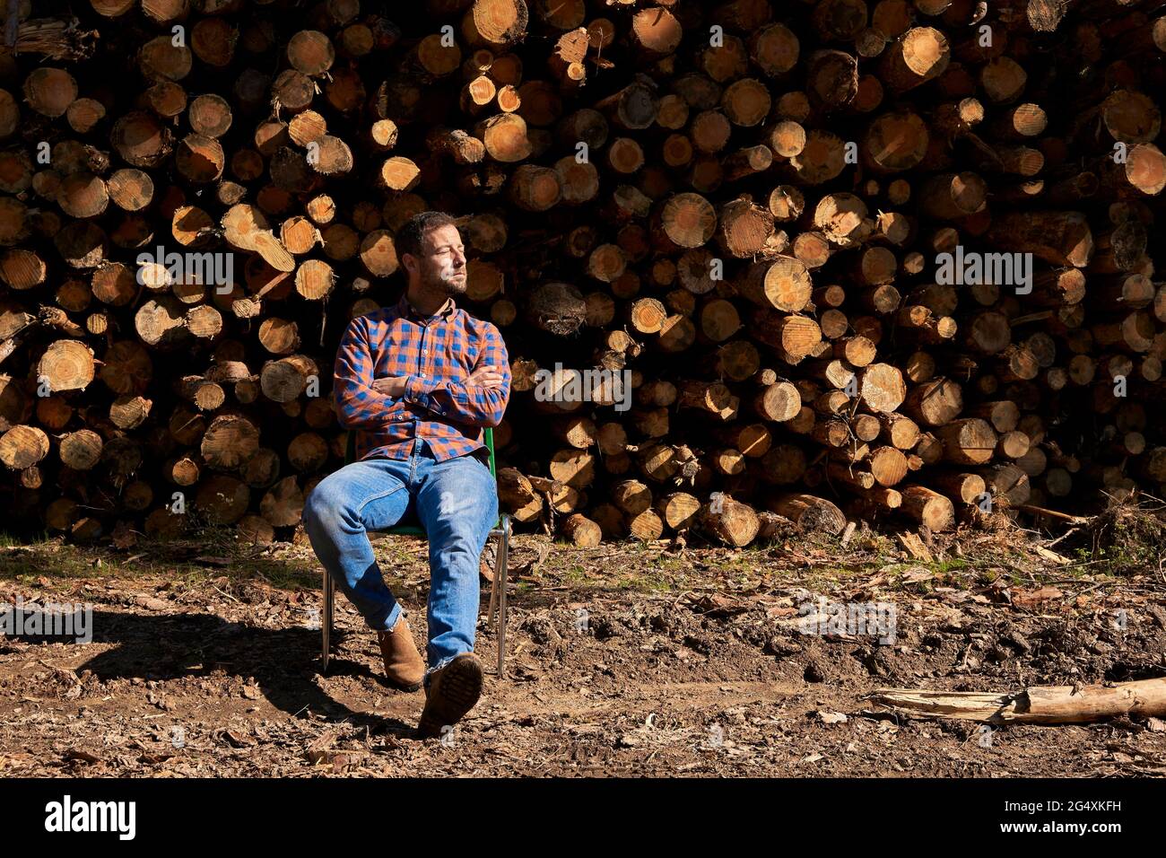 Lumberjack with arms crossed sitting on chair at lumber industry Stock Photo