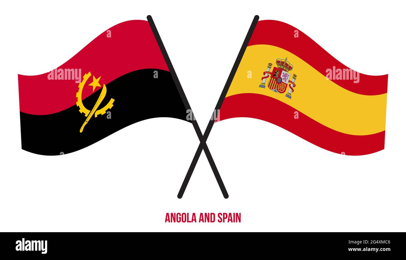 Angola and Spain Flags Crossed And Waving Flat Style. Official Proportion. Correct Colors. Stock Vector
