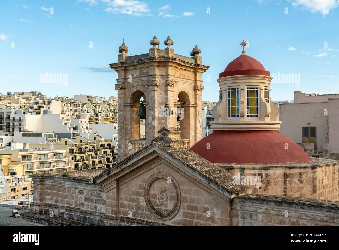 Malta, Northern Region, Mellieha, Bell tower and dome of Parish Church of Nativity of Virgin Mary Stock Photo