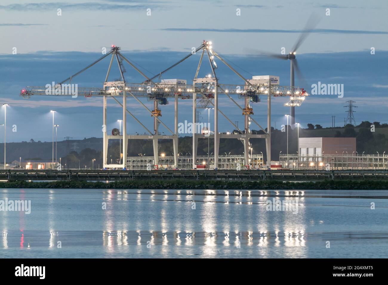 Ringaskiddy, Cork, Ireland. 24th June, 2021. Early morning at the new port container terminal in Ringaskiddy, Co. Cork, Ireland. - Credit; David Creedon / Alamy Live News Stock Photo