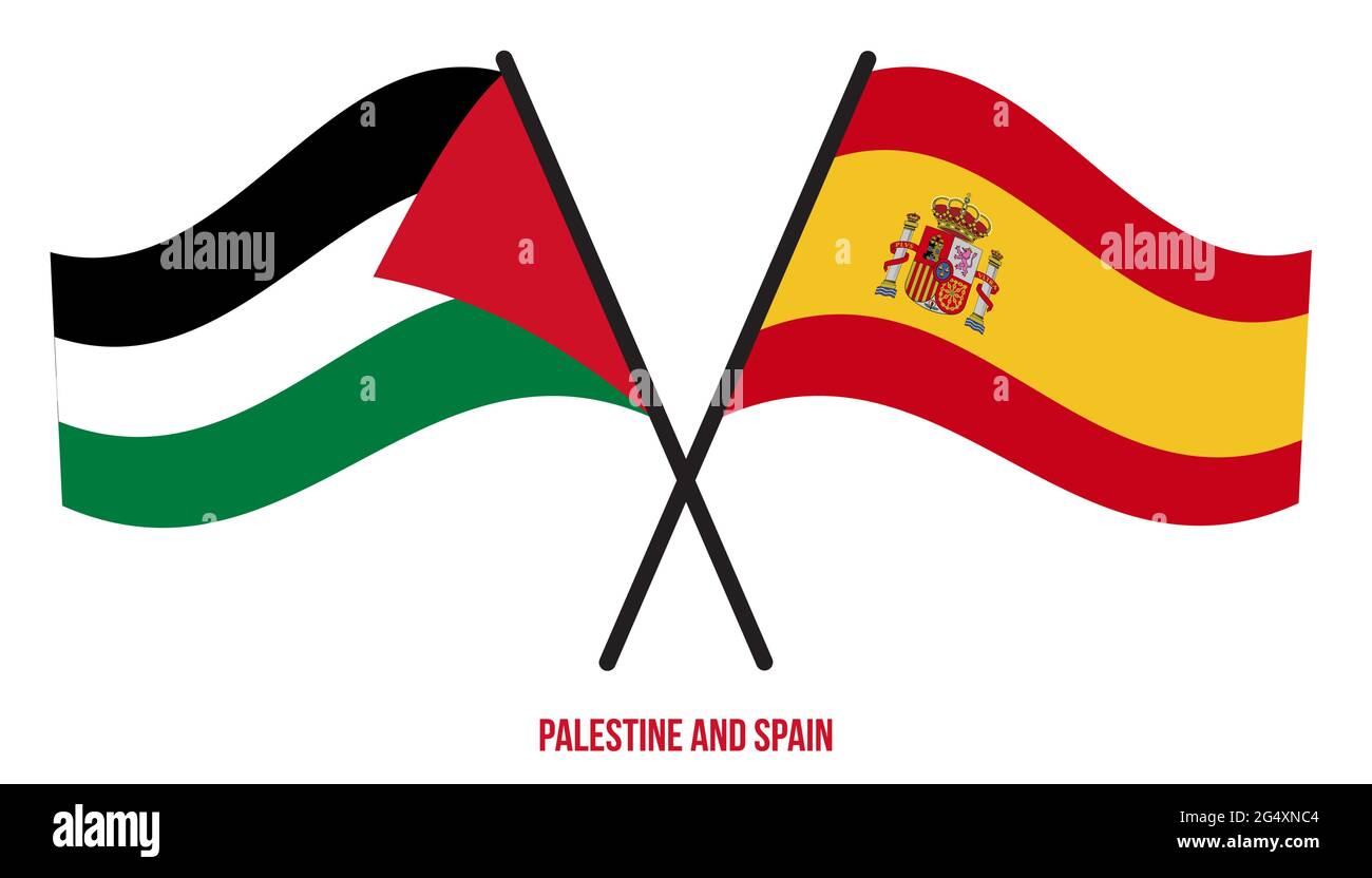 Palestine and Spain Flags Crossed And Waving Flat Style. Official