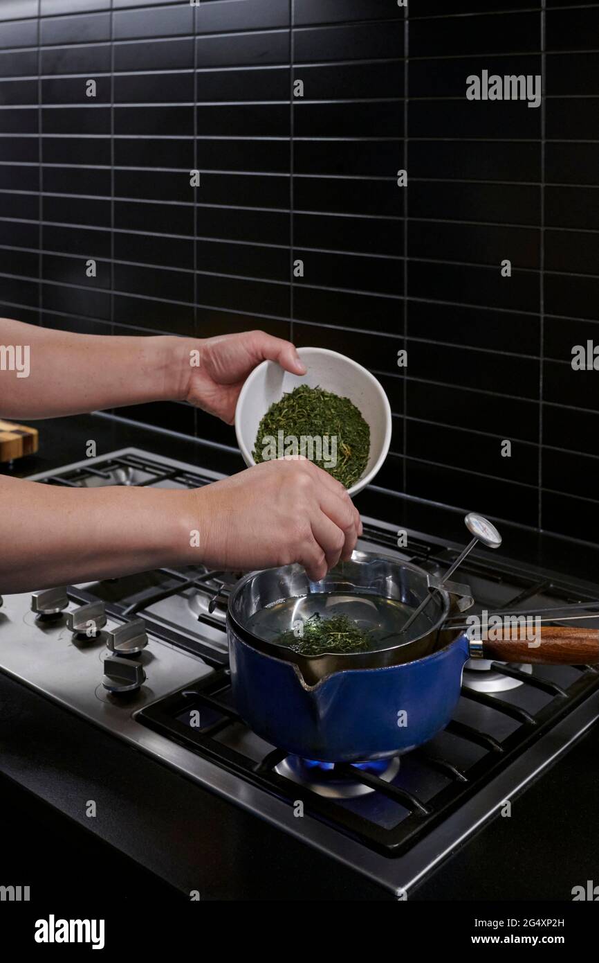 Hands of person preparing CBD oil a home Stock Photo