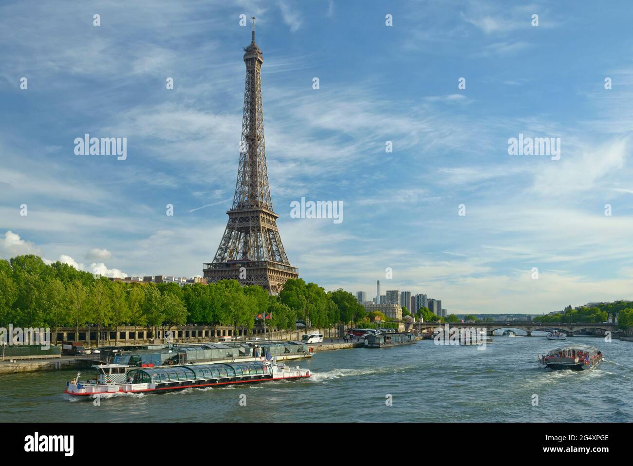 FRANCE, PARIS (75007), RIVER BOAT ON THE SEINE RIVER AND THE EIFFEL TOWER Stock Photo