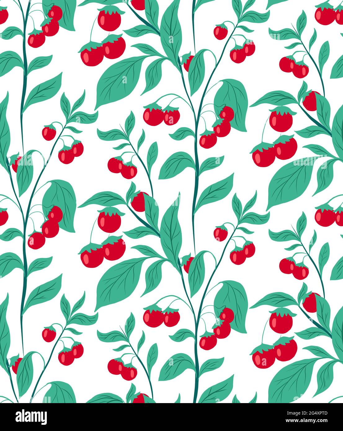 Seamless pattern with cherry tomatoes on the bushes on a white background. Vector natural flat texture. Gardening and horticulture. Wallpaper and fabr Stock Vector