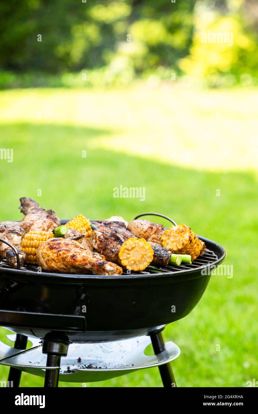 Chicken Drumsticks Legs Grilled on Charcoal BBQ in Backyard Garden at
