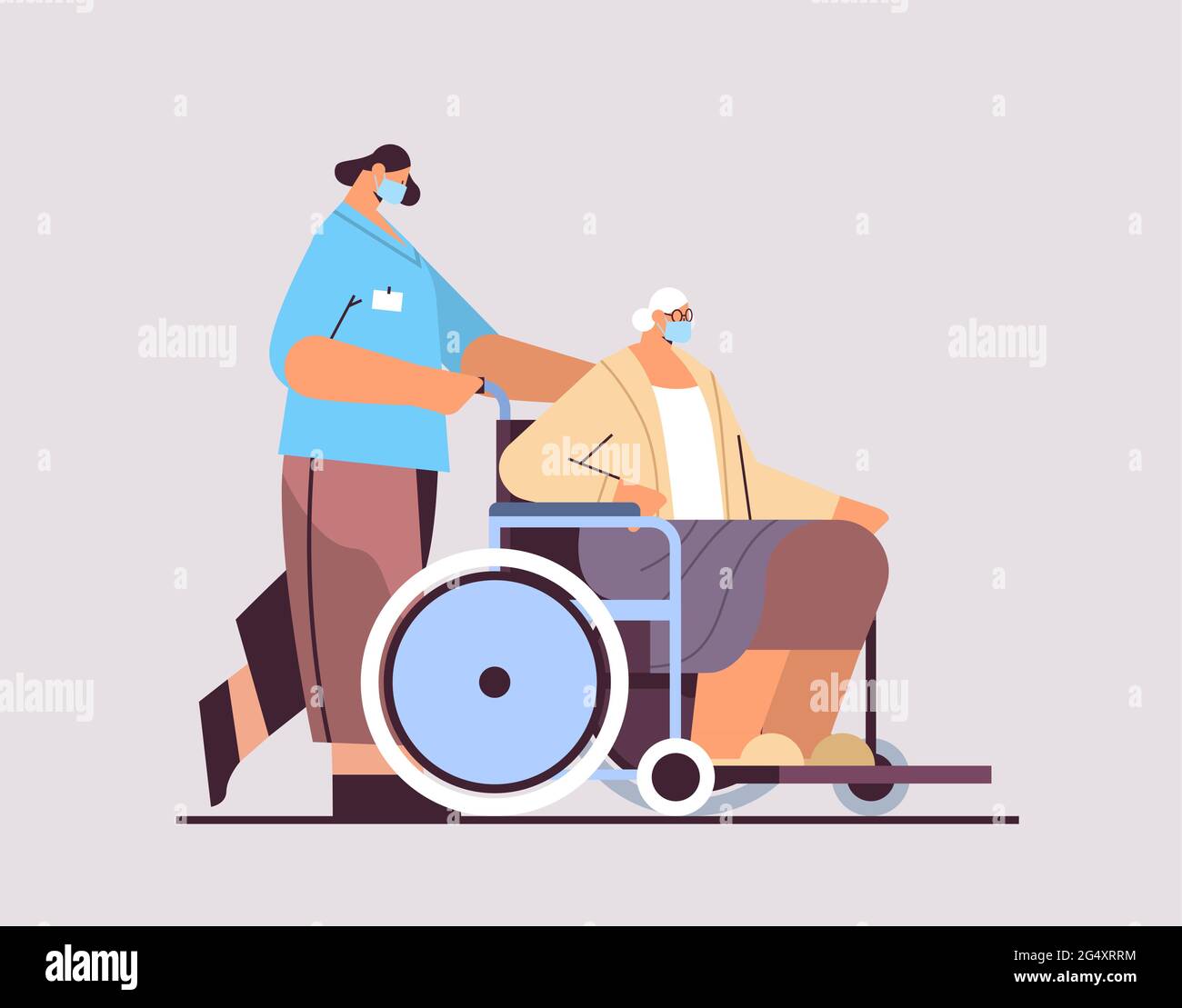 helper taking care of senior disabled patient nurse pushing wheelchair care service concept Stock Vector