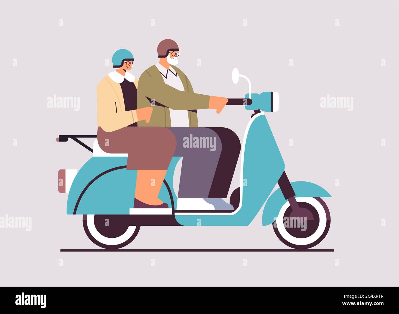 senior couple in helmets driving scooter grandparents traveling on