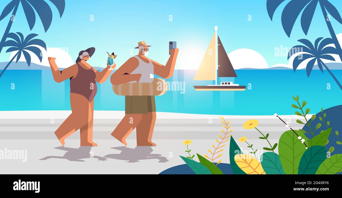 senior couple drinking cocktail and using smartphone grandparents having fun summer vacation concept Stock Vector