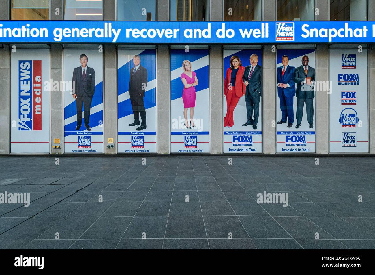 USA. 23rd June, 2021. Giant portraits of the news anchors at Fox News headquarters building in New York City. (Photo by Erik McGregor/Sipa USA) Credit: Sipa USA/Alamy Live News Stock Photo