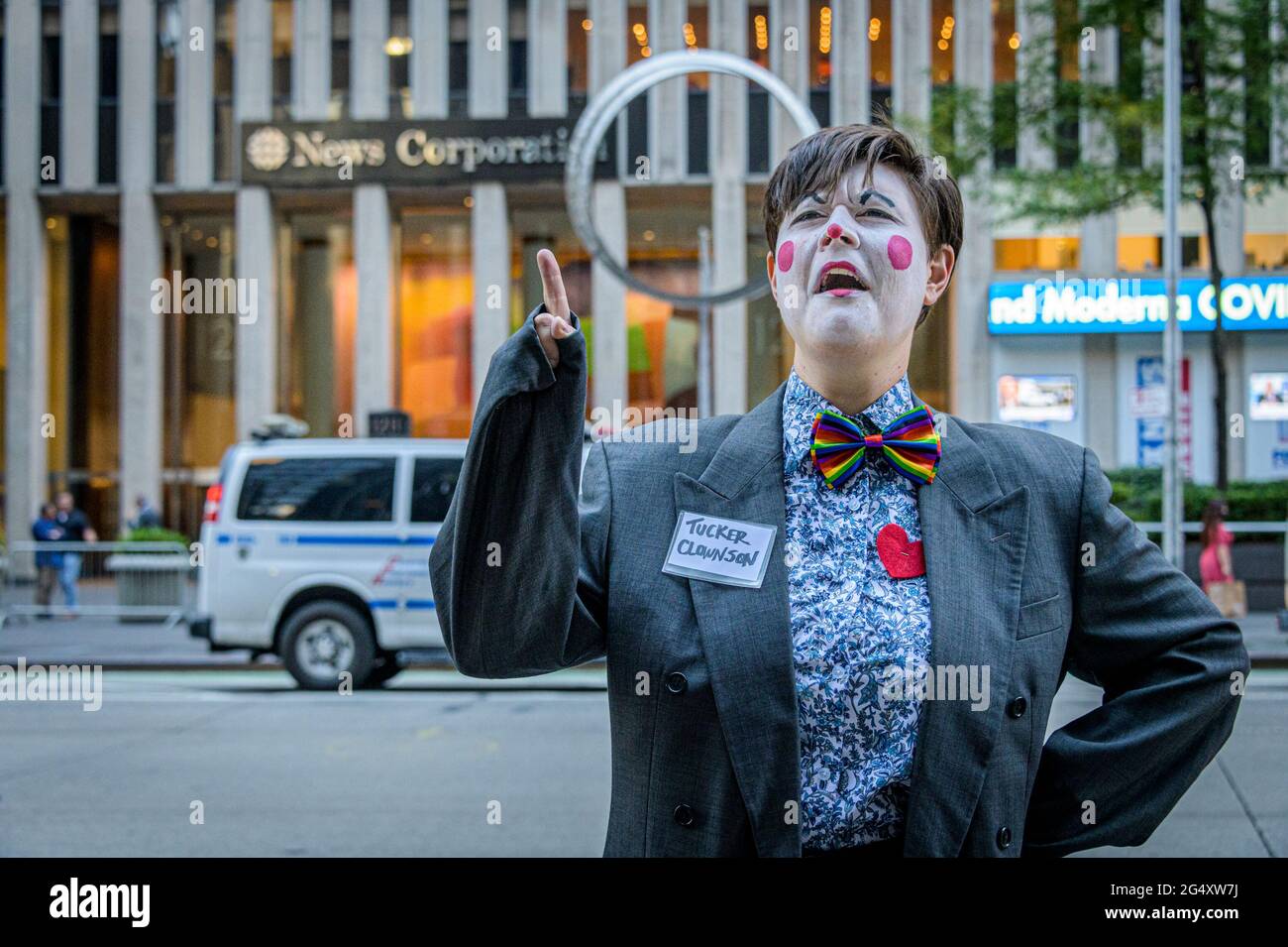 USA. 23rd June, 2021. A group of activists dressed as clowns held a street protest on June 23, 2021 outside Fox News Headquarters in Manhattan. In their opinion, Fox News has been treating our democracy like a circus, so they decided to bring the circus to their doorstep. (Photo by Erik McGregor/Sipa USA) Credit: Sipa USA/Alamy Live News Stock Photo