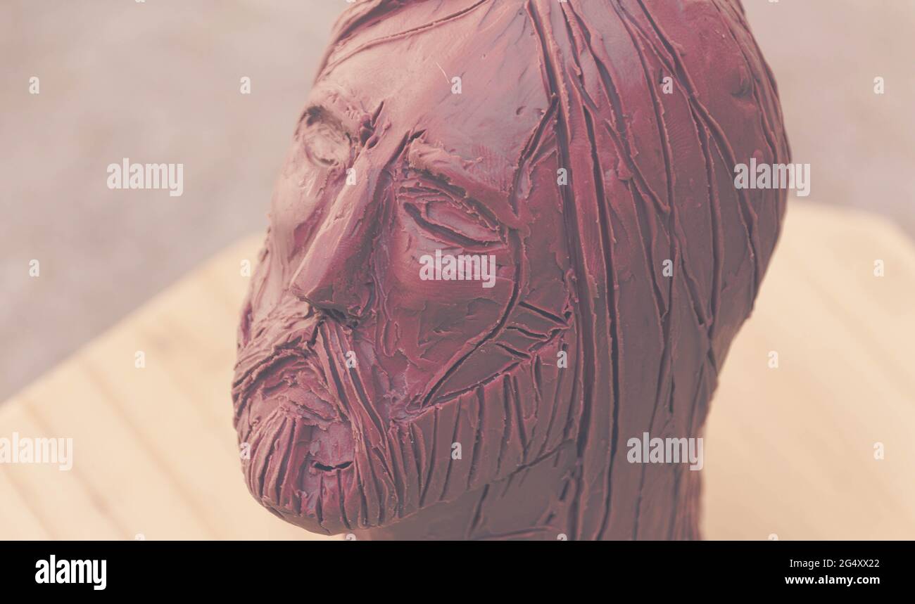 Photograph of Jesus Christ face clay sculpture Stock Photo