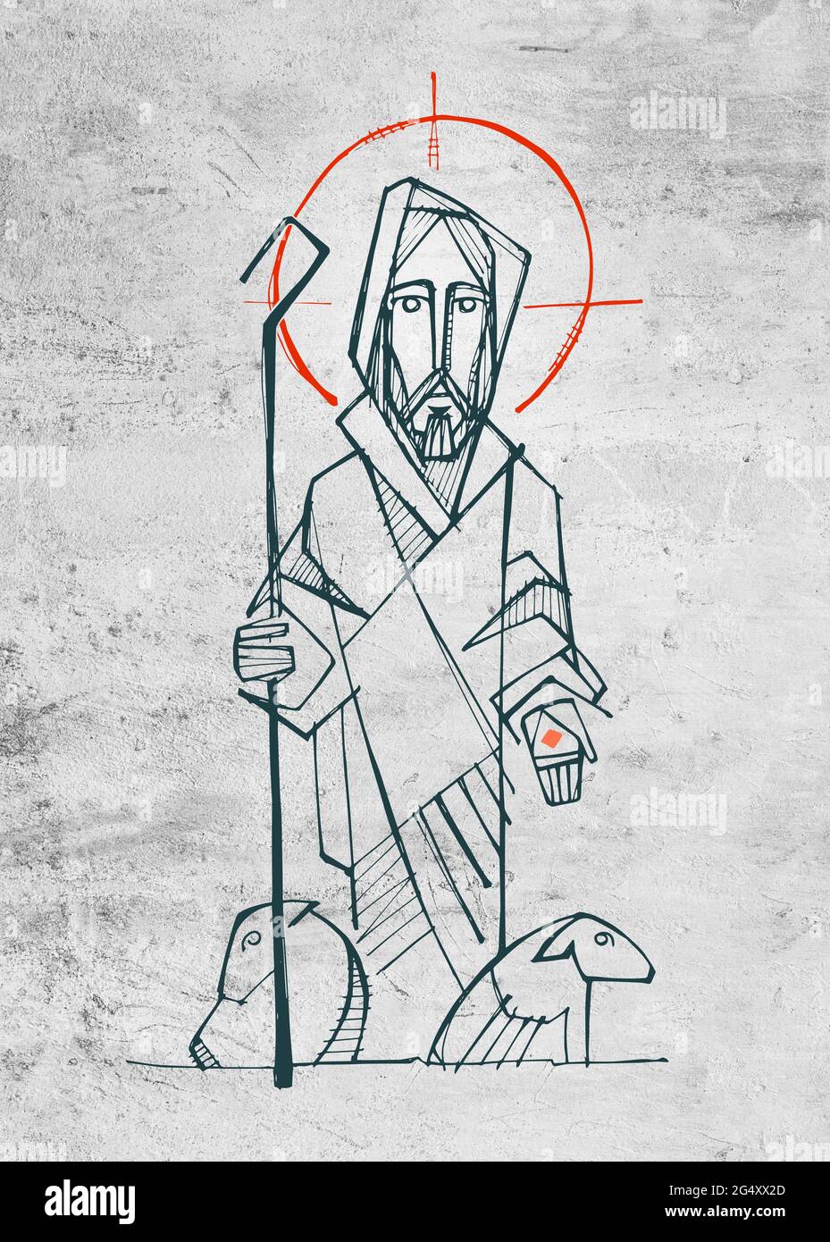 Hand drawn illustration or drawing of Jesus Christ Good Shepherd Stock Photo