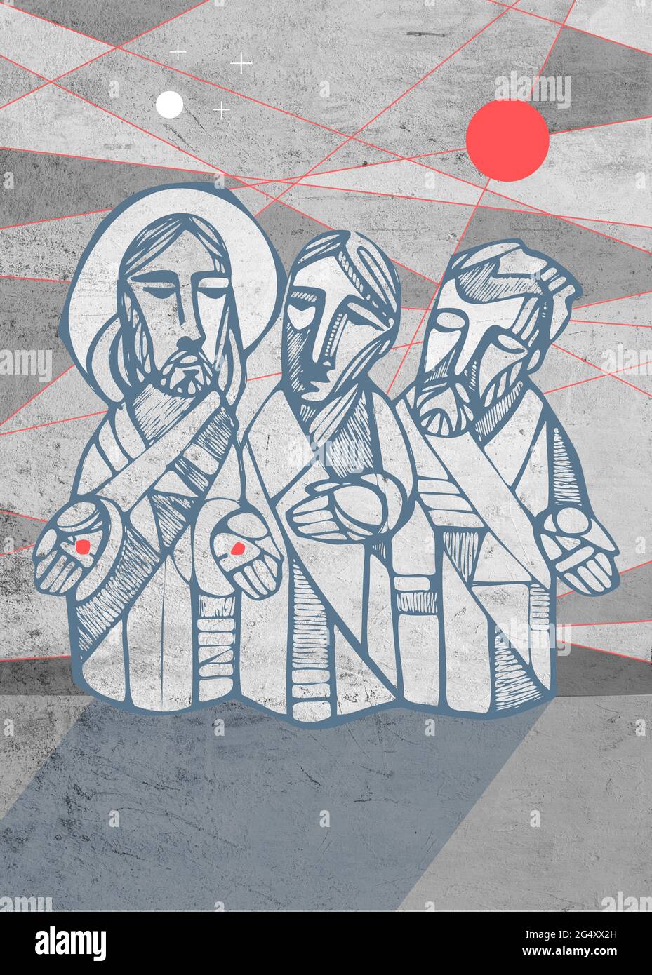 Hand drawn illustration or drawing of Jesus Christ and disciples at Emaus Stock Photo