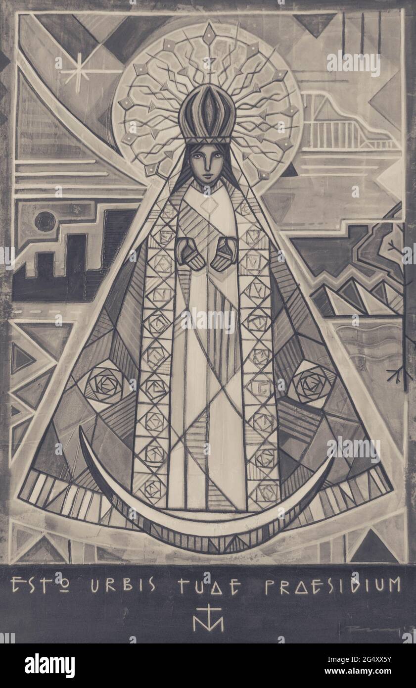 Painting of Virgin of the Oak, in spanish Virgen del Roble, of Monterrey Mexico, and a phrase in latin that means: Be the protection of our city Stock Photo