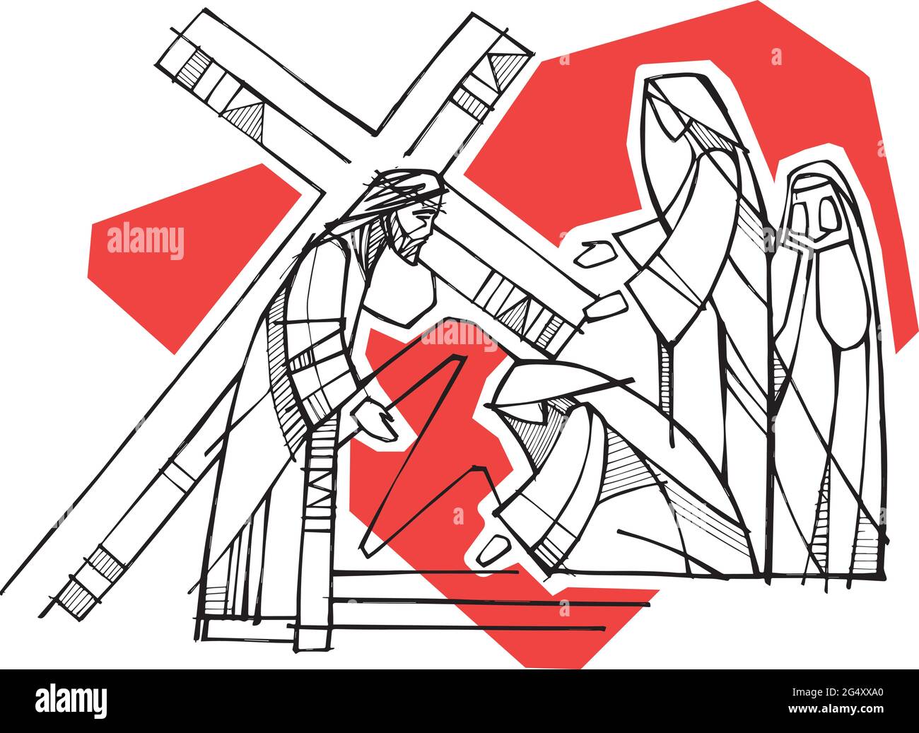 Hand drawn illustration or drawing of Jesus Christ and Virgin Mary and other women at the Crucifixion Stock Vector