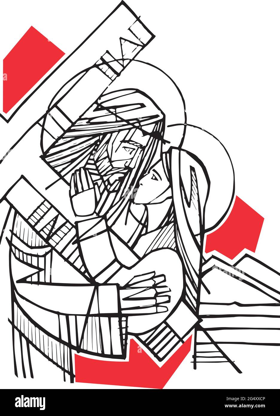 Hand drawn illustration or drawing of Jesus Christ and Virgin Mary at the Crucifixion Stock Vector