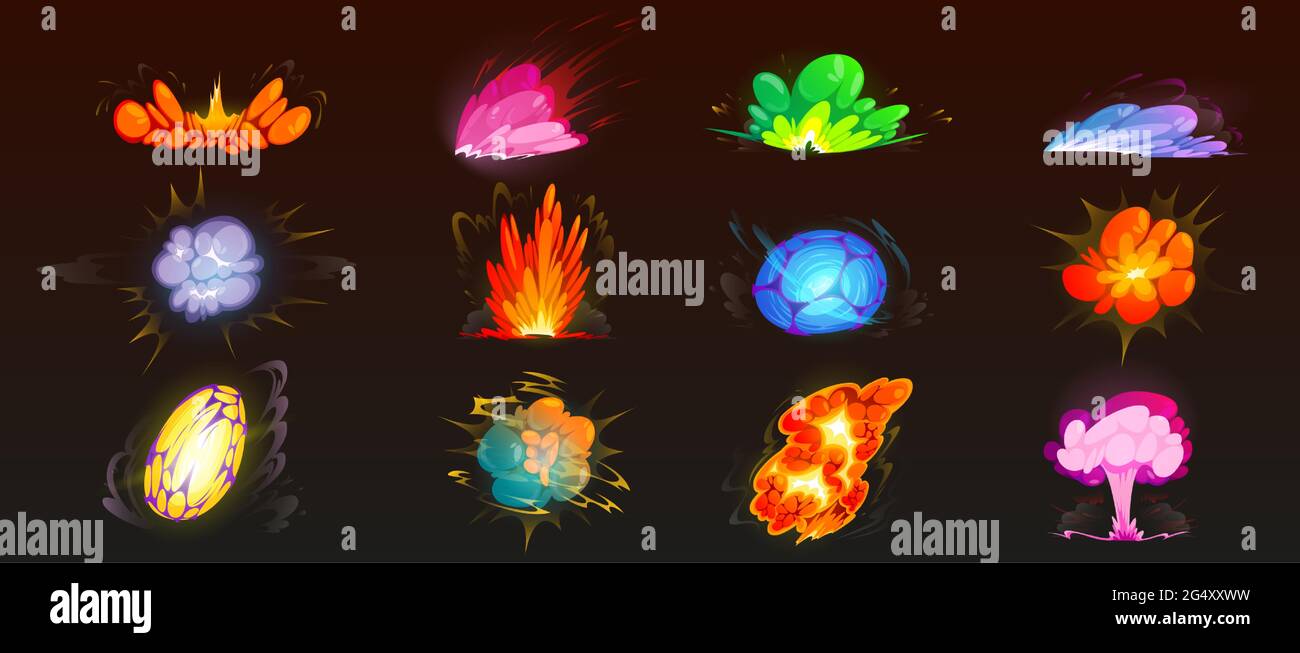 Cartoon bomb explosion set. Clouds, boom effect and smoke elements for ui game design. Dynamite danger explosive detonation, atomic comics fire detonators isolated vector icons Stock Vector