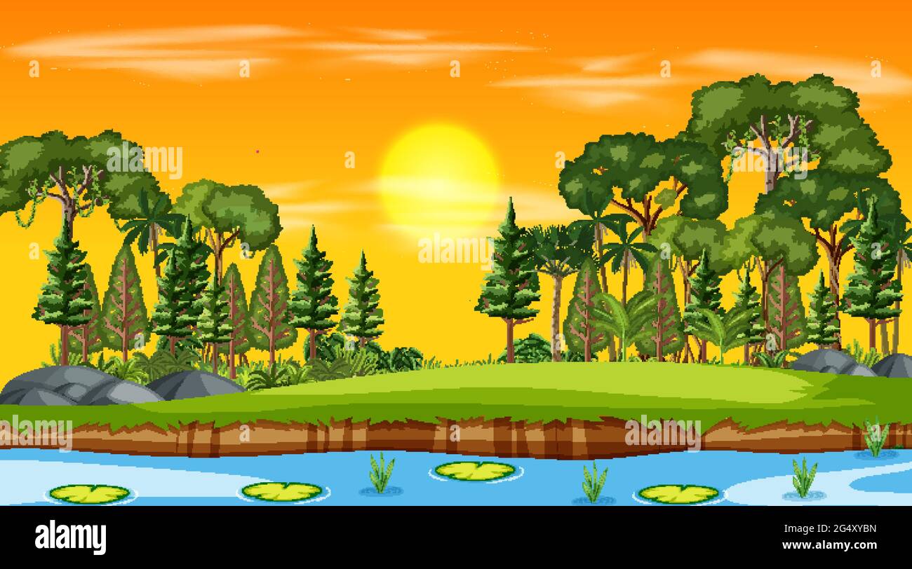 Blank nature park landscape at sunset scene illustration Stock Vector ...