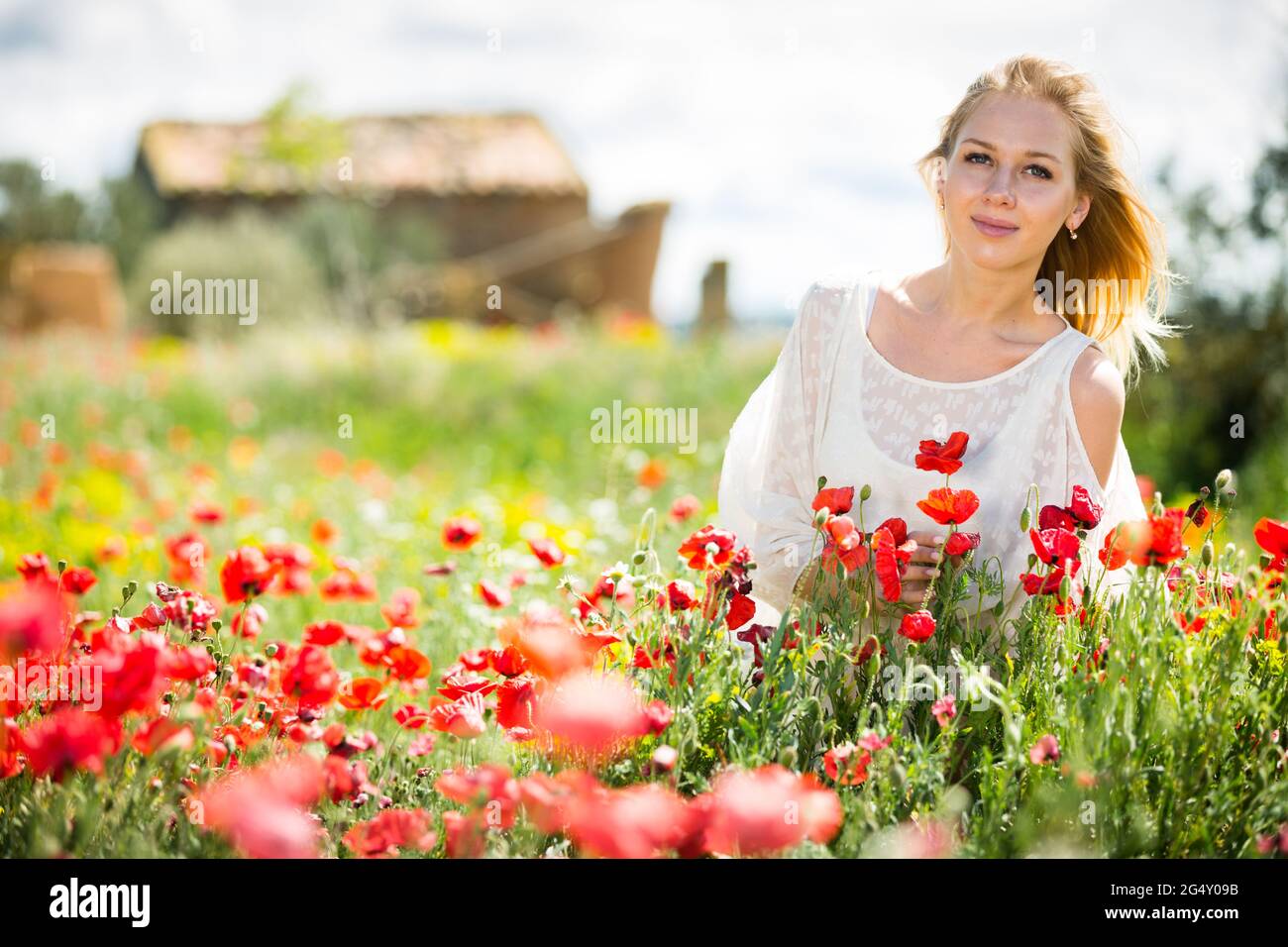 Woman wearing white dress in poppy field and enjoying summer day Stock ...