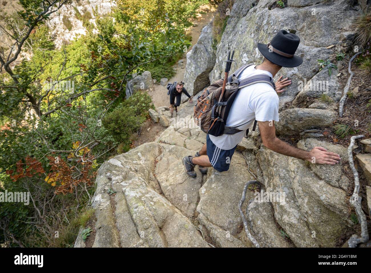 Climbing to the Les Agudes summit by the Castellets crest, on the north face  of the mountain (Montseny, Girona, Catalonia, Spain Stock Photo - Alamy