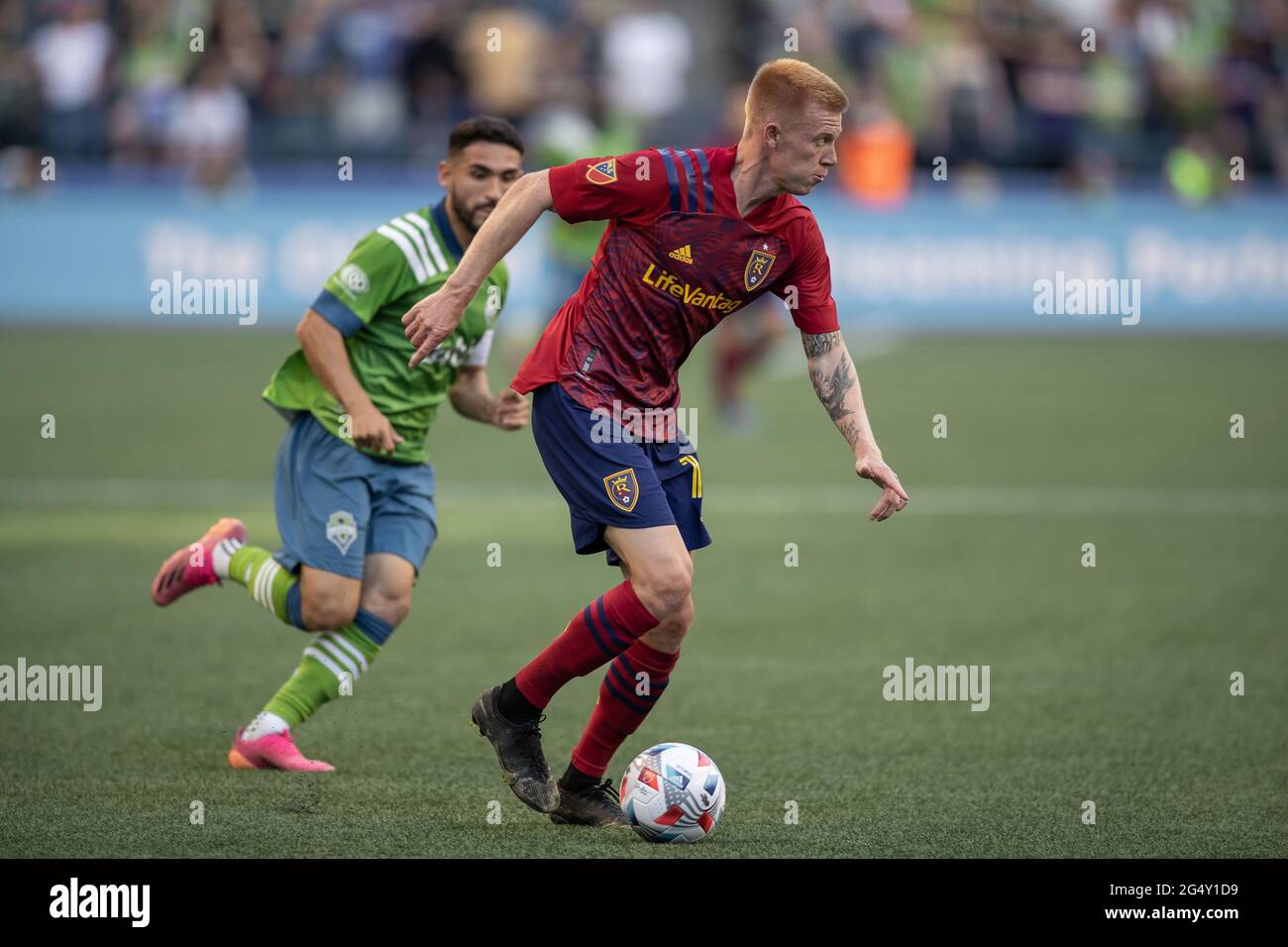 Real Salt Lake defender Justen Glad (15) controls the ball during the first half of an MLS match against the Seattle Sounders at Lumen Field, Wednesda Stock Photo