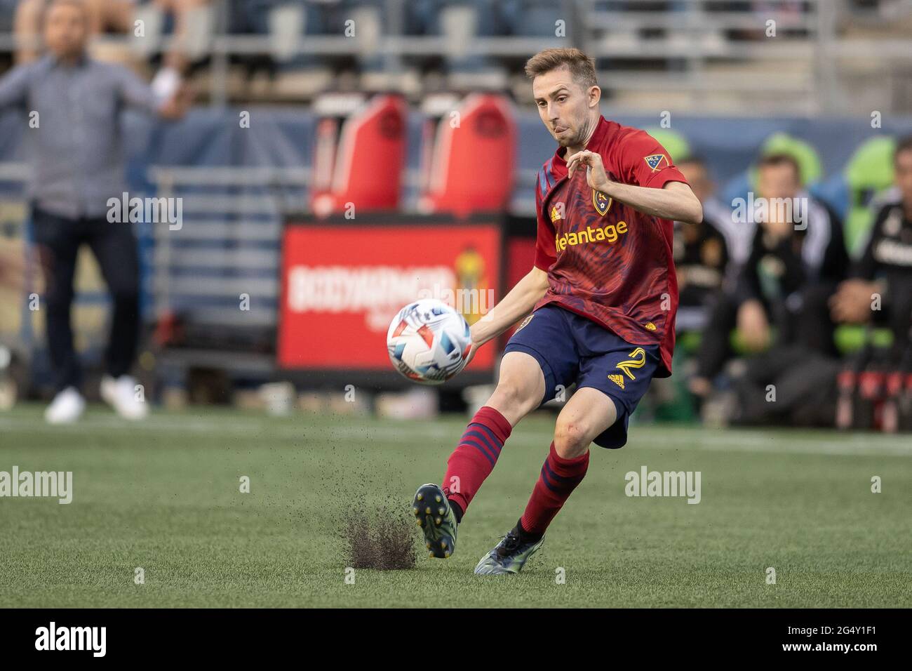 Real Salt Lake defender Andrew Brody (2) kicks the ball during the second half of an MLS match against the Seattle Sounders at Lumen Field, Wednesday, Stock Photo