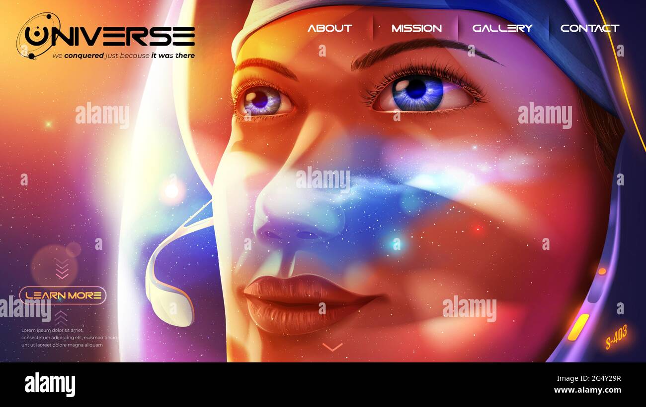 Science vector illustration of a female astronaut is looking further away with determination eyes with a reflection of the universe on her helmet viso Stock Vector