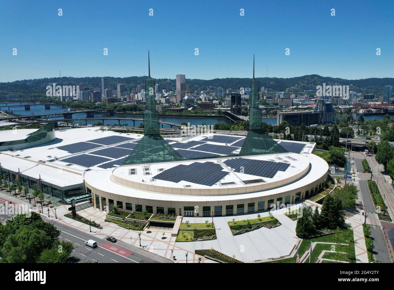 An aerial view of the Moda Center, Tuesday, June 22, 2021, in Portland,  Ore. The arena is the home of the Portland Trail Blazers Stock Photo - Alamy