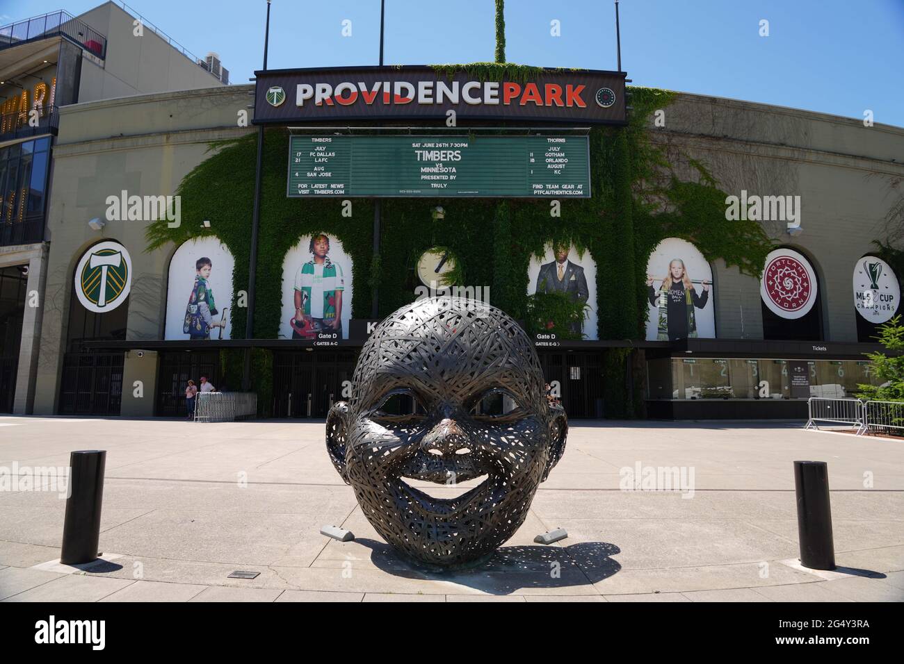A general view of the Providence Park exterior, Wednesday, June 23, 2021, in Portland, Ore. The stadium is the home of the Portland Timbers of MLS and Stock Photo