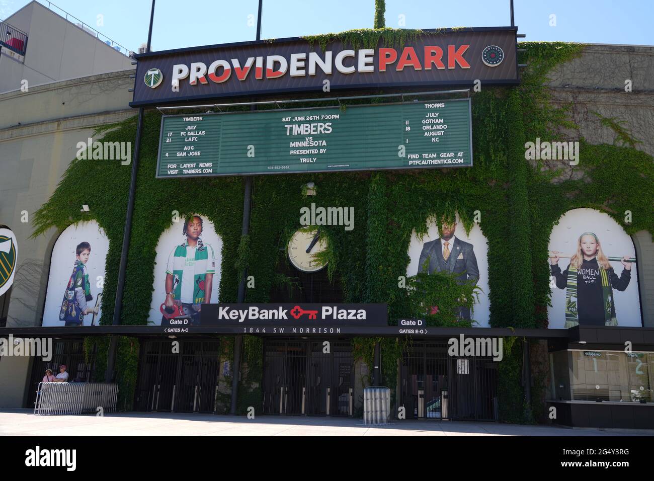 A general view of the Providence Park exterior, Wednesday, June 23, 2021, in Portland, Ore. The stadium is the home of the Portland Timbers of MLS and Stock Photo
