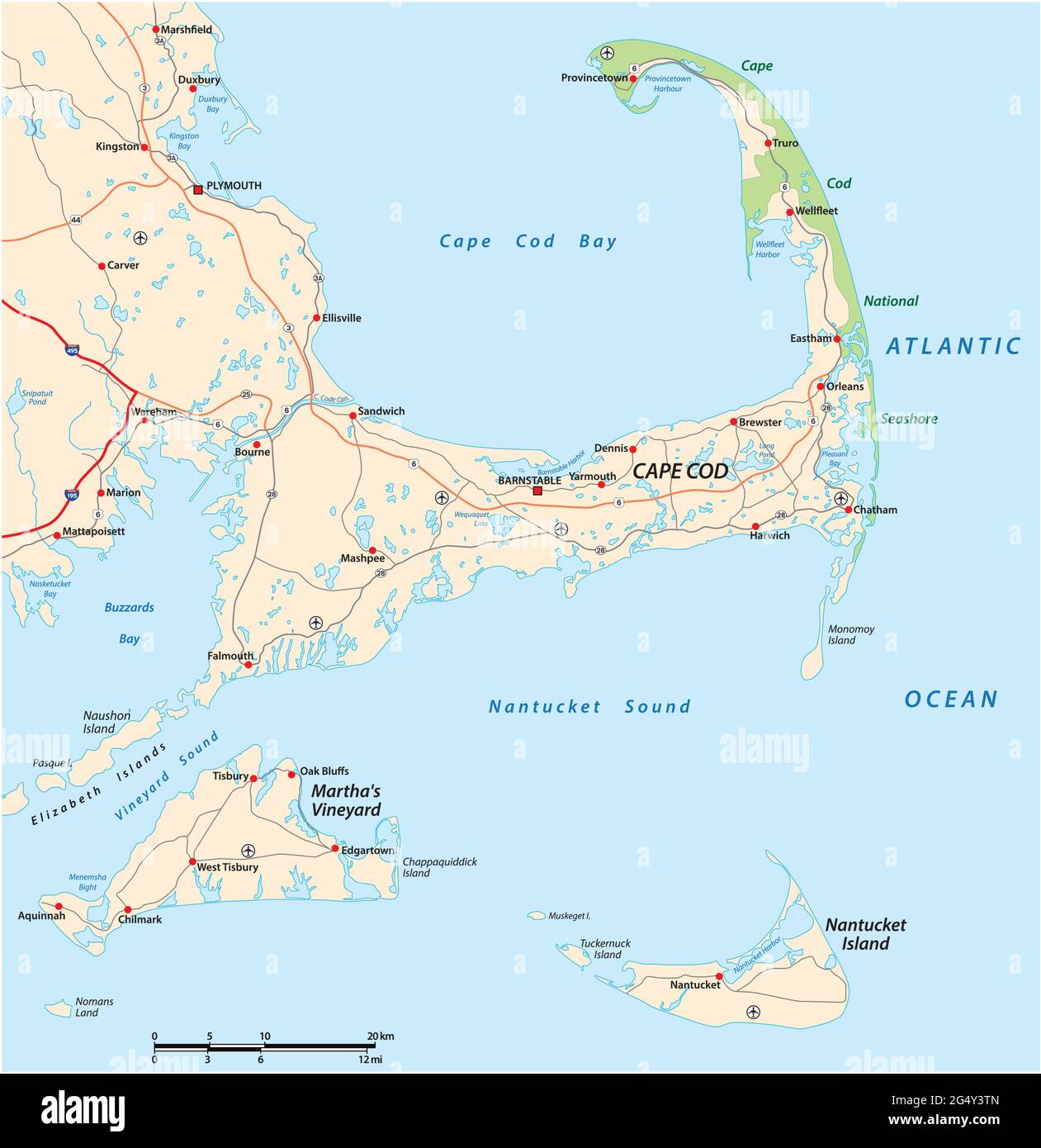 vector road map Cape Cod, Martha s Vineyard, Nantucket, Massachusetts, USA Stock Vector