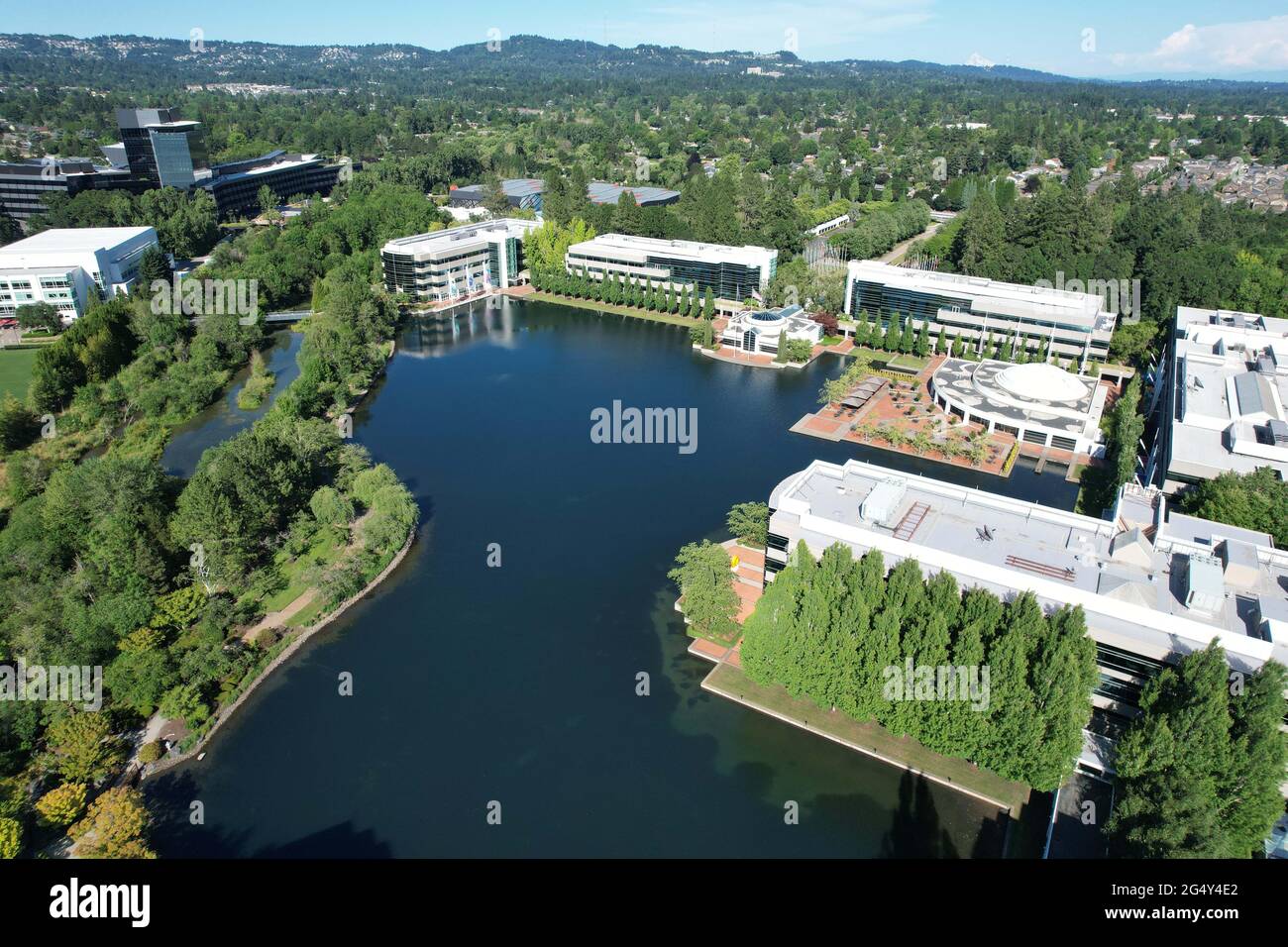 An aerial view of the Nike World Headquarters, Wednesday, June 23, 2021, in Beaverton, Ore. Stock Photo
