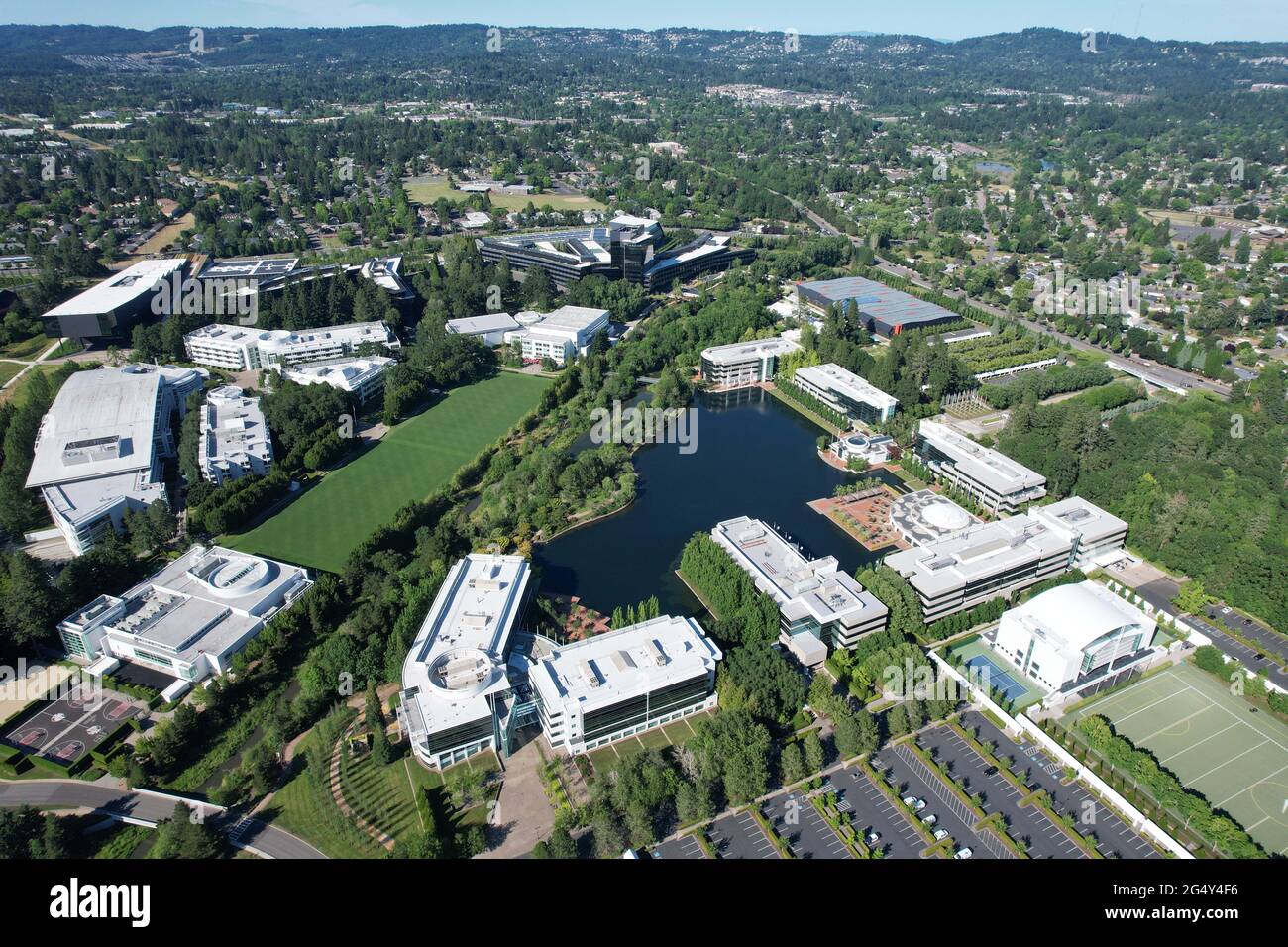 An aerial view of the Nike World Headquarters, Wednesday, June 23, 2021, in Beaverton, Ore. Stock Photo