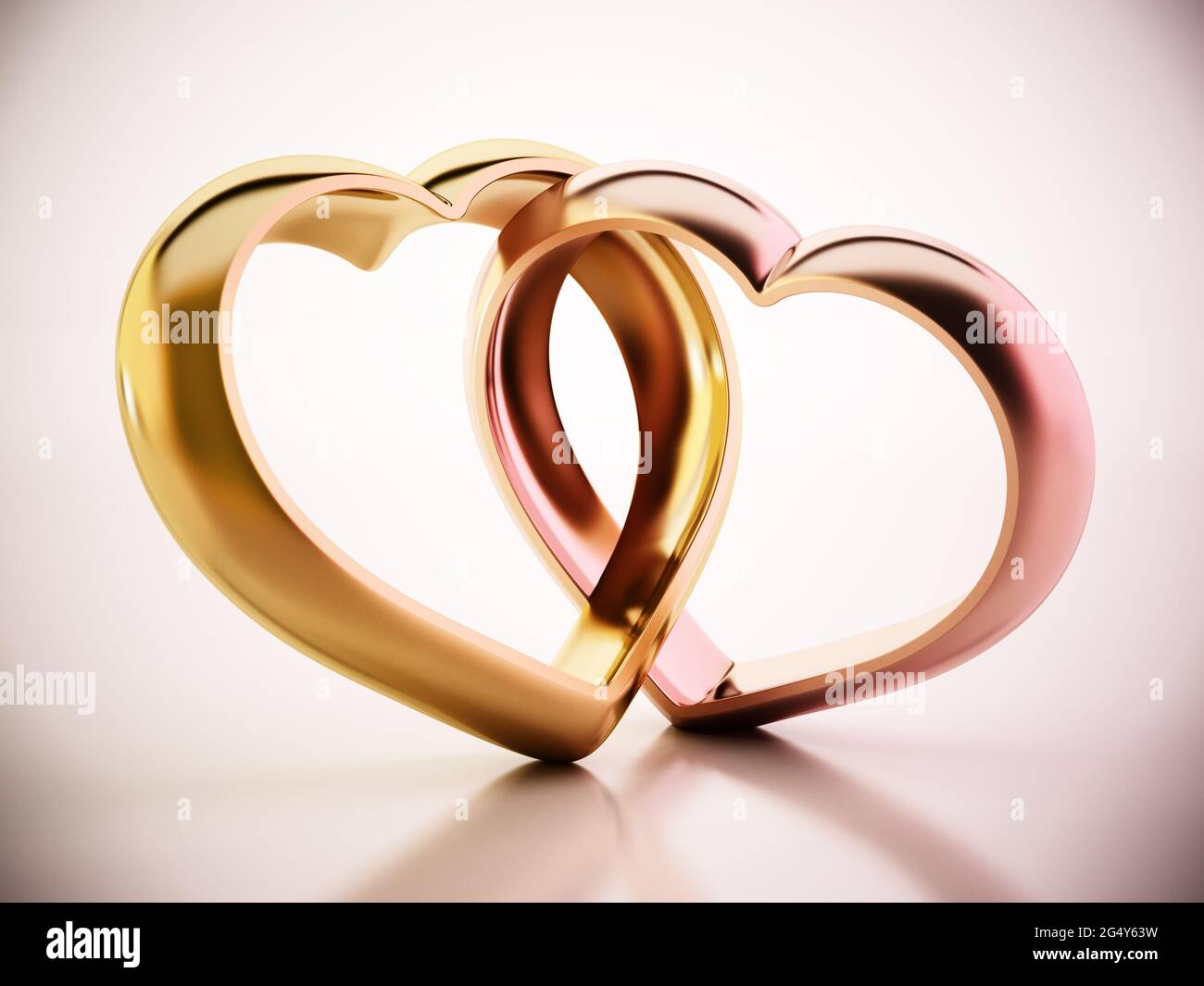 Two attached heart shaped rings. 3D illustration. Stock Photo