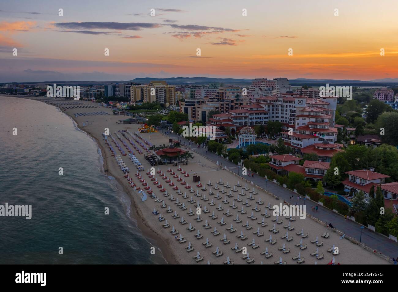 Aerial view to a sea resort Sunny Beach at sunset Stock Photo