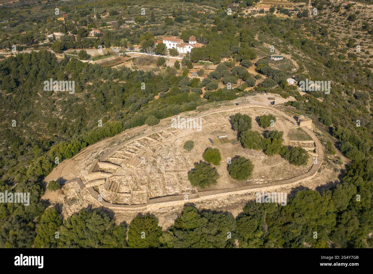 Aerial view of La Moleta del Remei Iberian settlement in Alcanar (Tarragona, Catalonia, Spain) ESP: Vista aérea del yacimiento ibérico de la Moleta Stock Photo