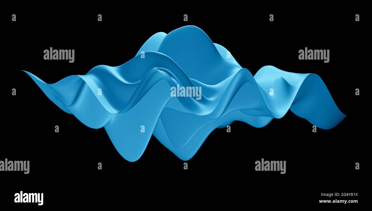 Blue floating, wavy 3D object, modern abstract virtual background, resembling audio soundwaves, science or data concept, sound wave visualization Stock Photo