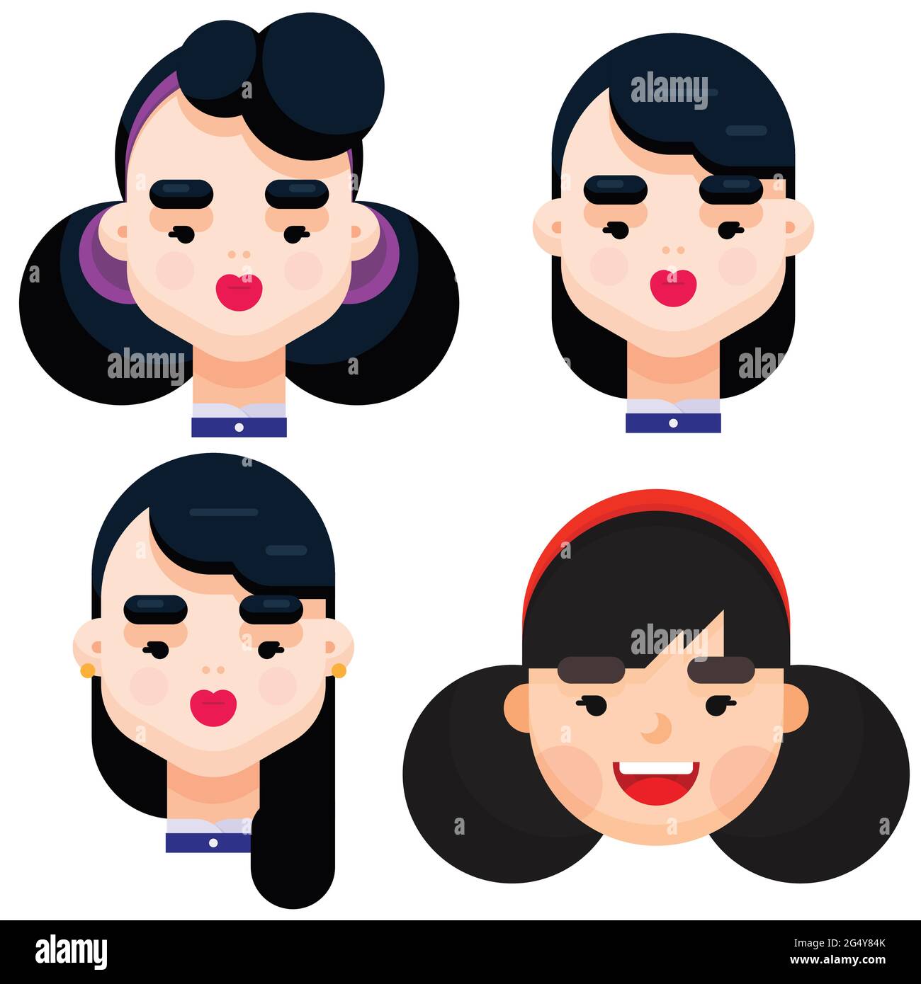 Set of four different beautiful young girl with different hair style. Flat design vector illustration. Stock Vector