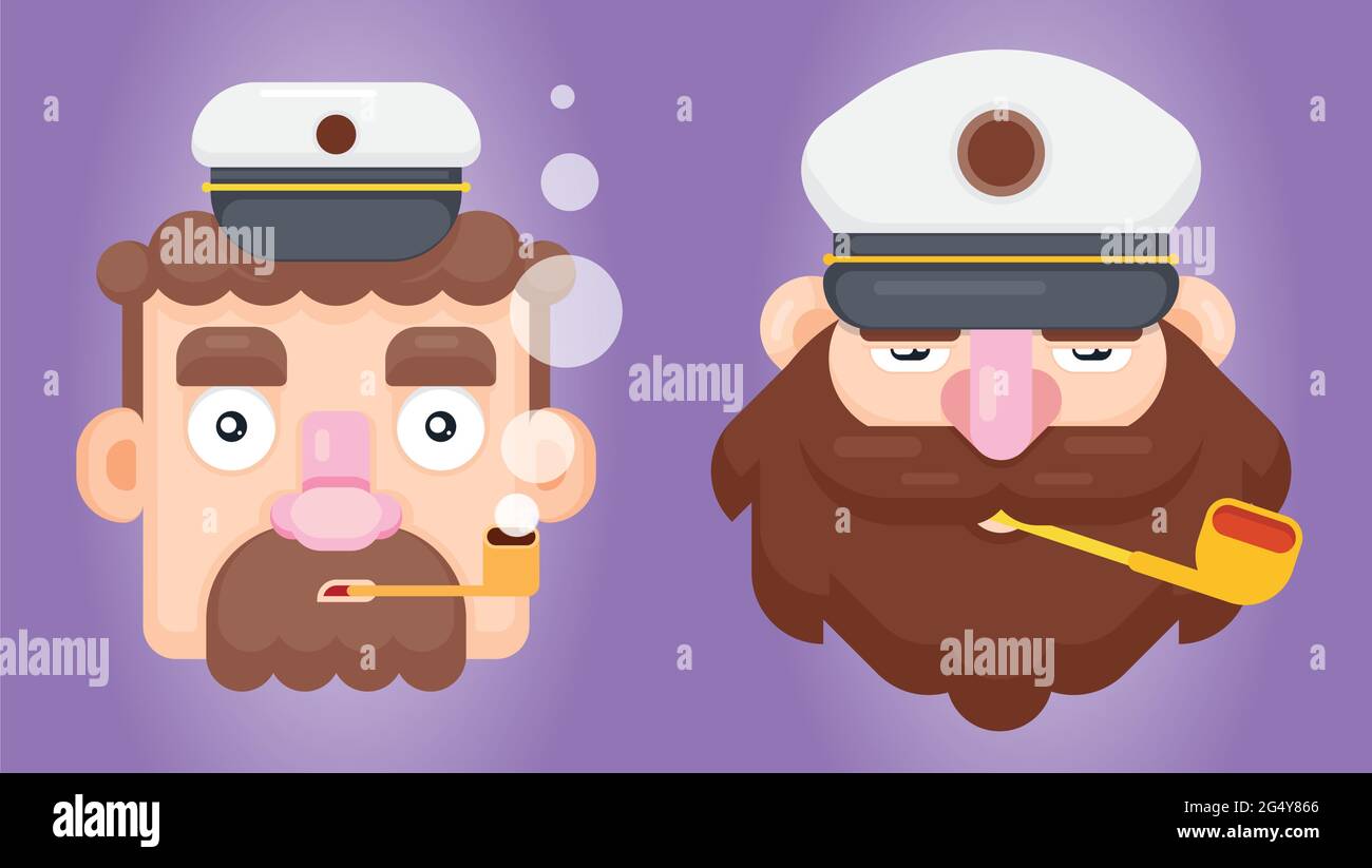 Set of two bearded ship captain or skipper with a pipe and peaked cap. Flat design smoking sailor vector illustration. Stock Vector