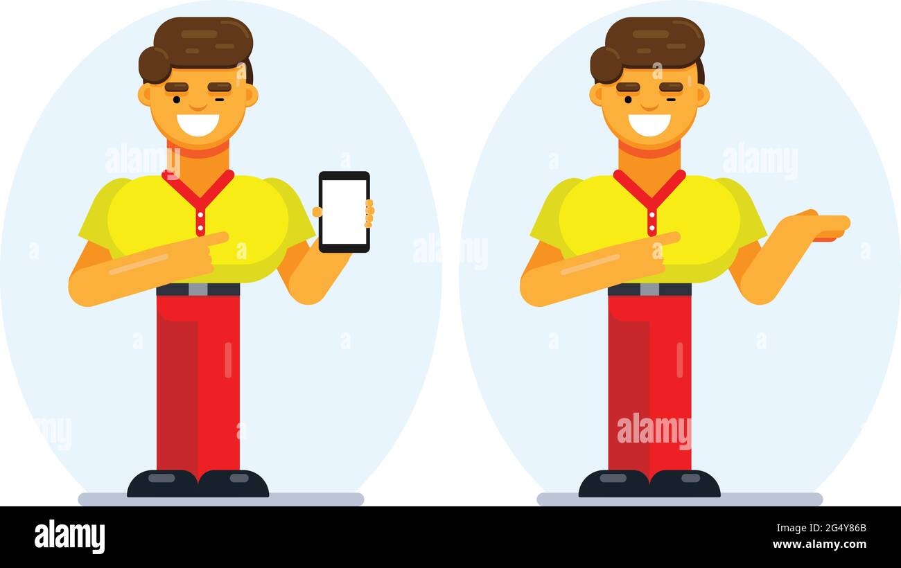 Advertisement for mobile application. Excited flat designed guy showing smartphone with empty screen. Boy pointing copy space. Stock Vector