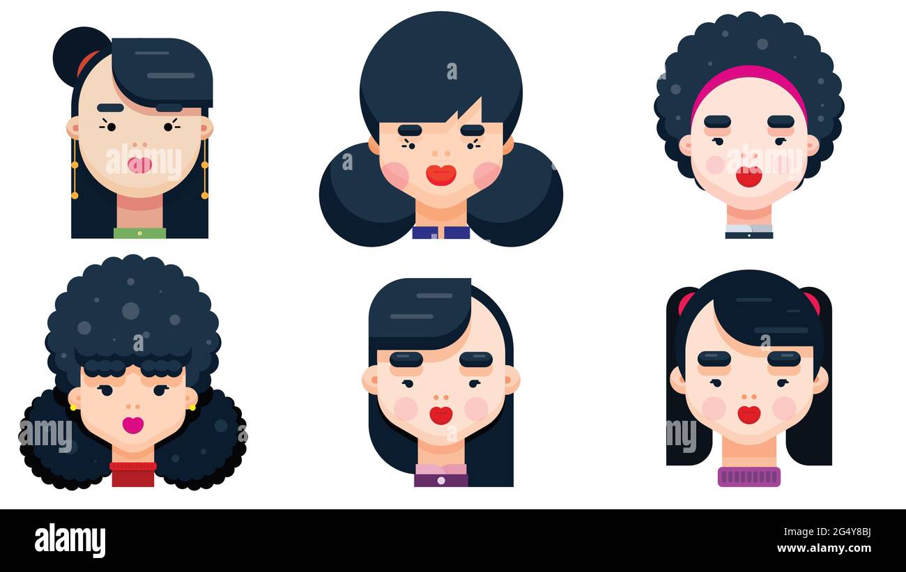 Set of woman faces with various hairstyle. Collection of young girls portraits. Different avatars of black haired girl. Flat Design Vector illustratio Stock Vector