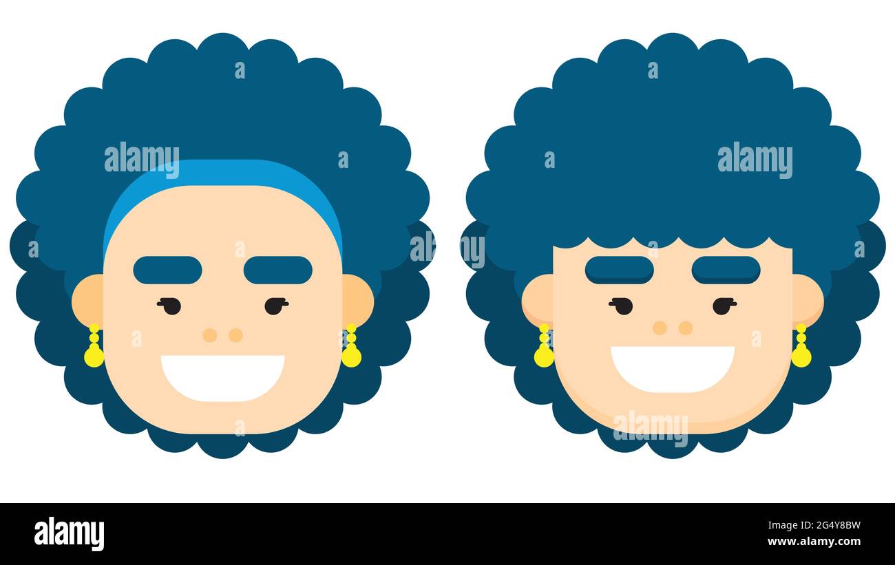 Flat design woman face with blue curly hair with different styles. Vector illustration. Stock Vector