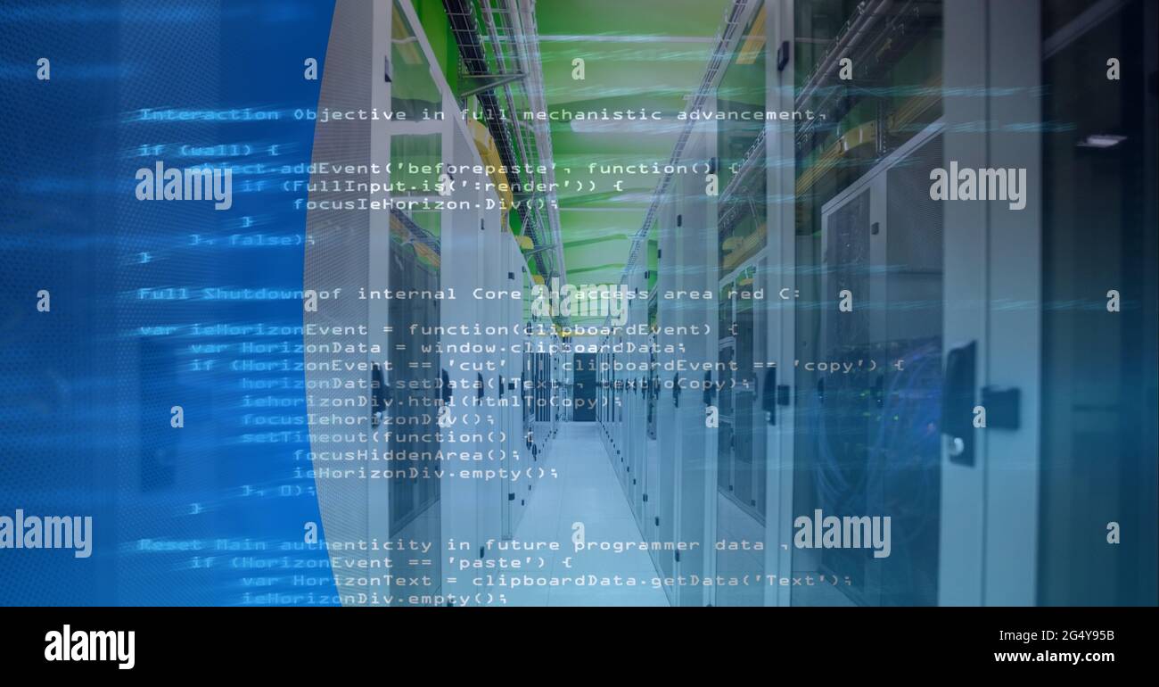 Data processing over empty computer server room against blue technology ...