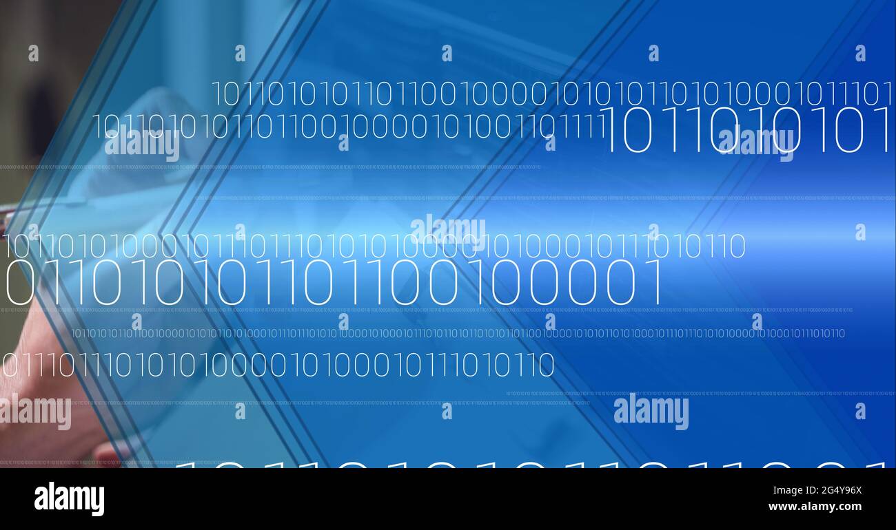 Binary coding over mid section of worker worker in server room against ...
