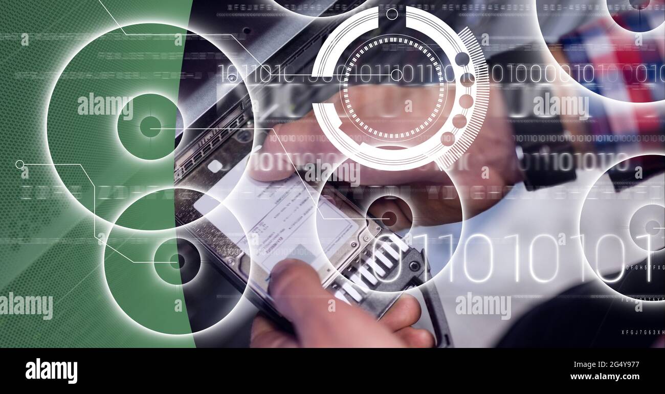 Binary coding data processing over man working in server room against ...